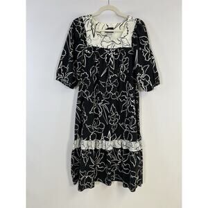 Vintage Chix Hawaii Muu Muu Kaftan Maxi Dress Black White Floral Sz M